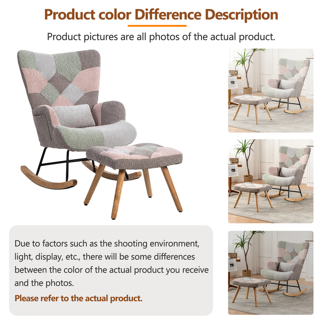 Patchwork rocking chair with footstool, bouclé fabric accent chair with wooden legs and cushion RECTRIX