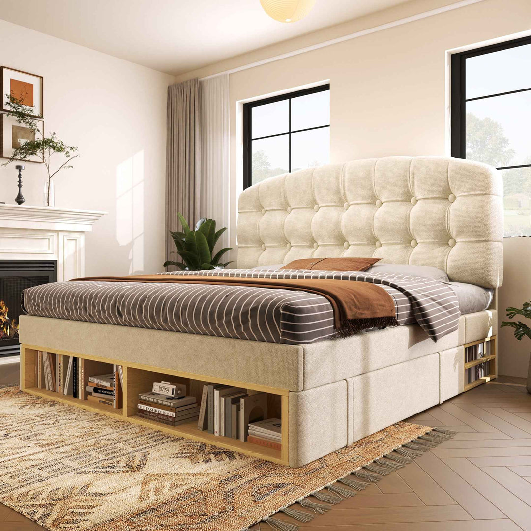 Double Bed Frame with Storage Drawers Velvet Upholstered, 135x190cm, Beige, No Mattress BEDRESIN