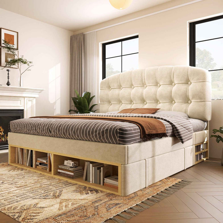 Double Bed Frame with Storage Drawers Velvet Upholstered, 135x190cm, Beige, No Mattress BEDRESIN