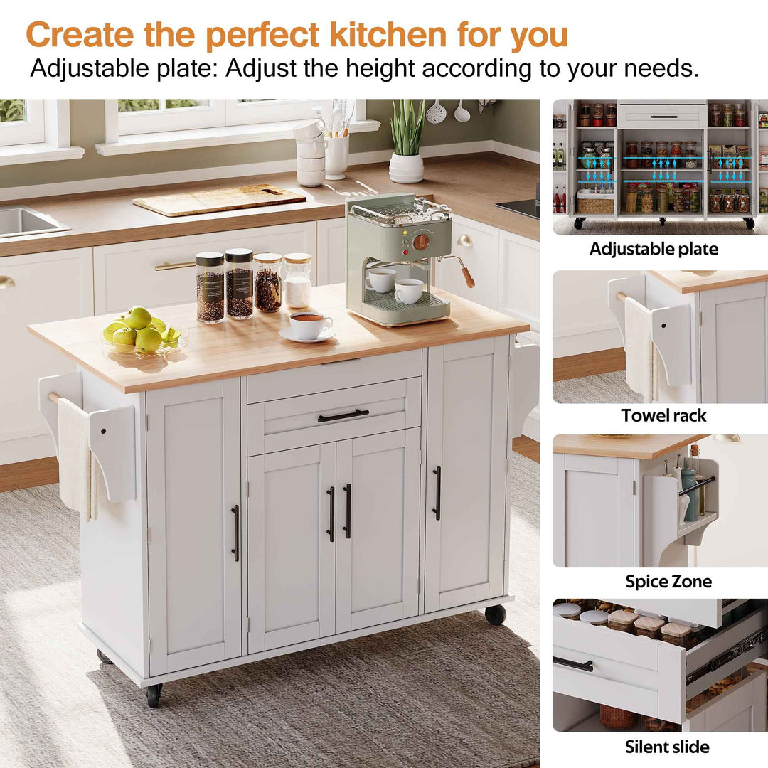 00+Kitchen Island on Wheels, White & Natural MDF, Foldable Tabletop, Adjustable Shelves, Storage Cabinets Rolling Trolley for Dining Room VERTEXZYR