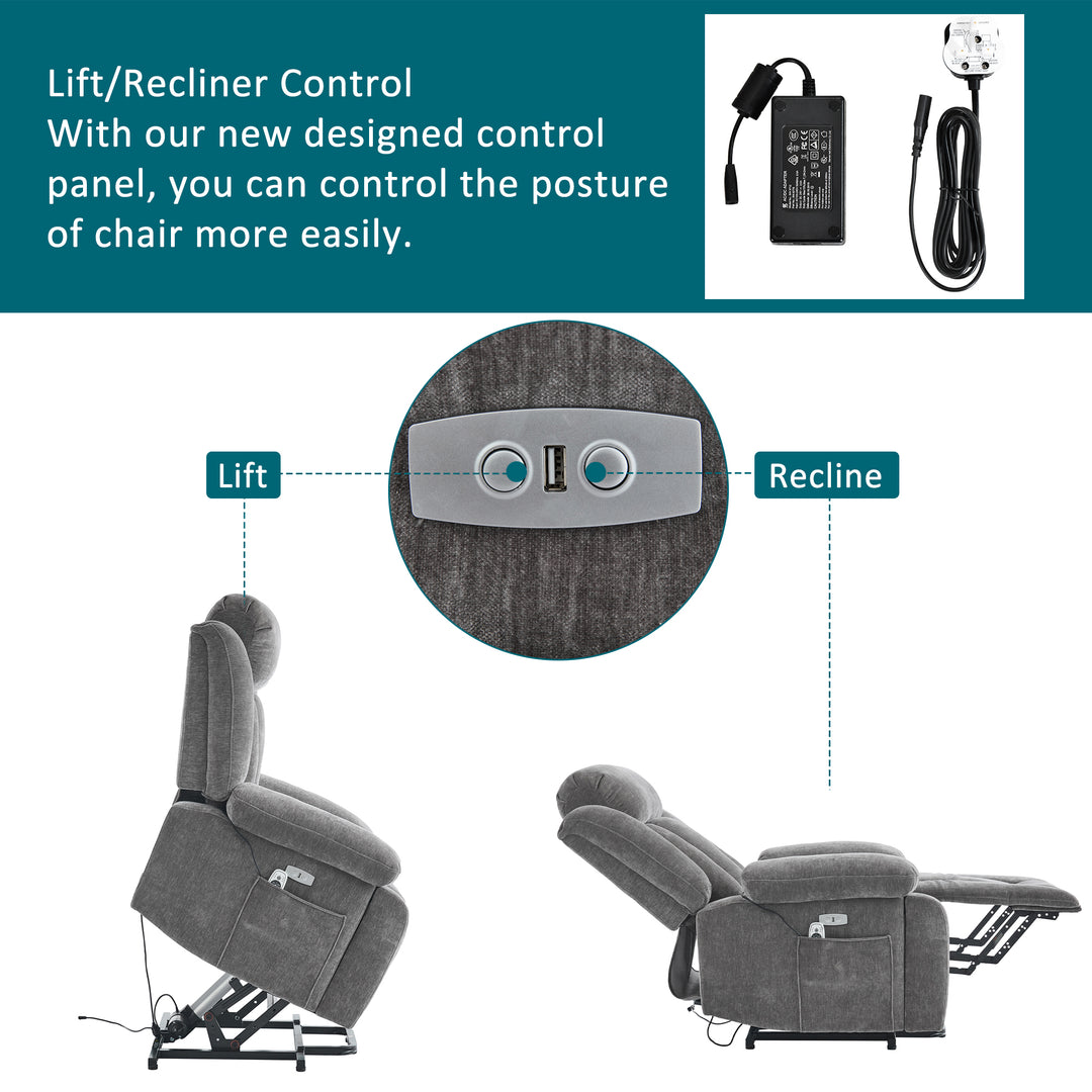 Electric lift up fabric grey large recliner with massage and heat MAGNETICFLUX