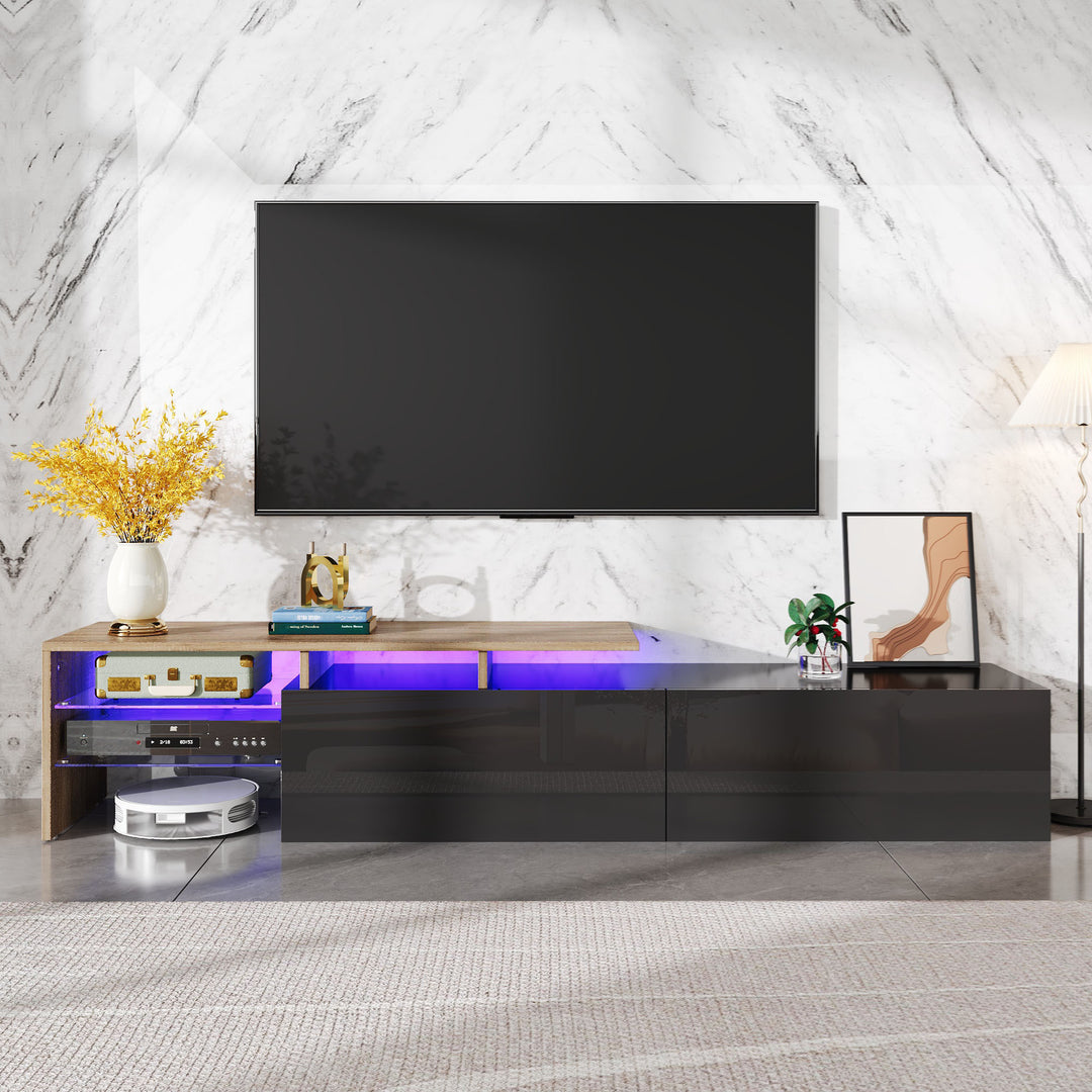 Modern black high gloss TV cabinet with glass shelves and LED lighting KETTLEHOLE