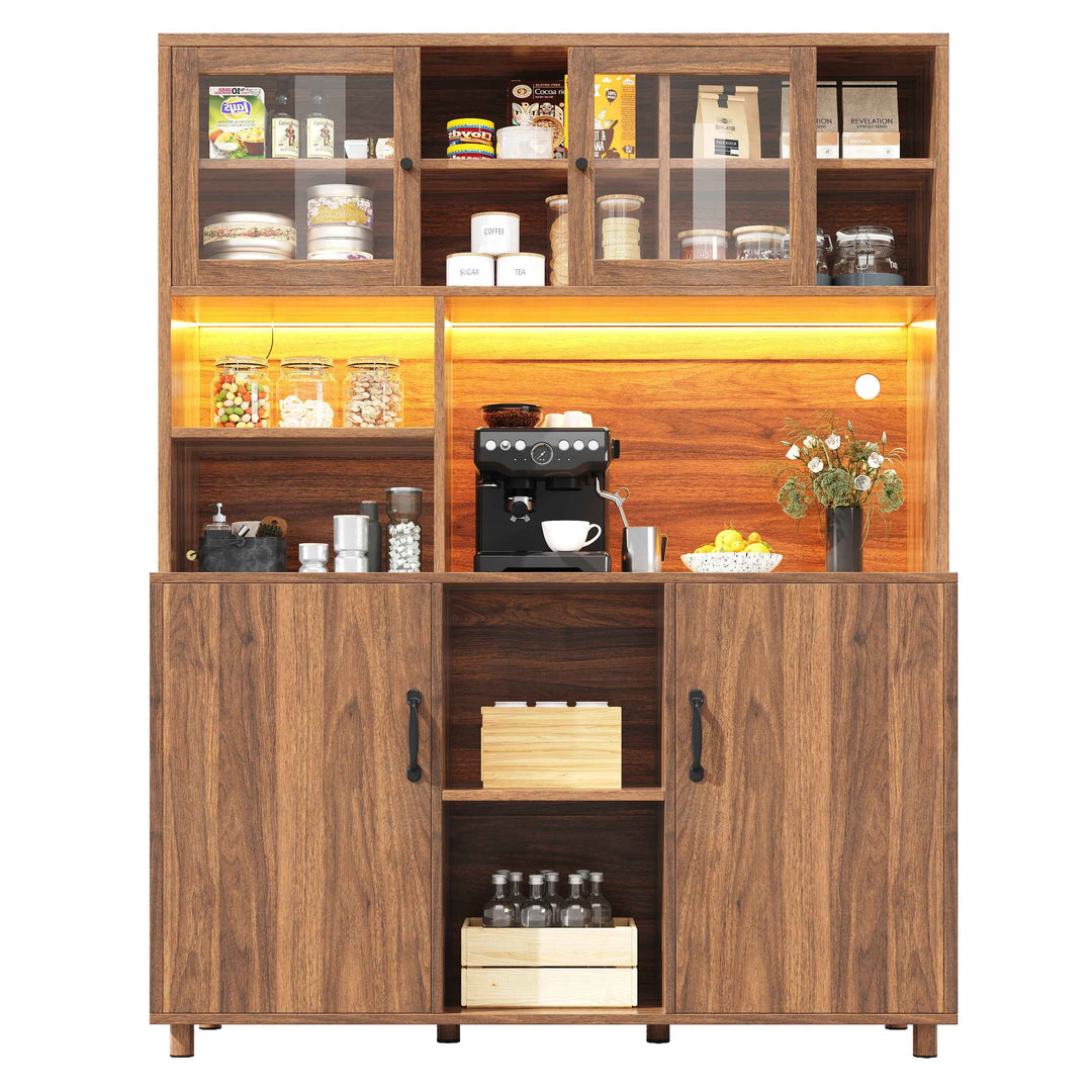00+Tall Kitchen Cabinet with LED Lighting and Glass Sliding Doors, Adjustable Shelves, Walnut Brown, COMPACTORGANIZER