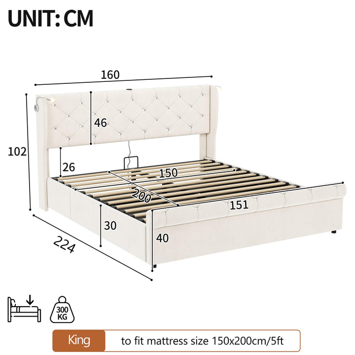 Velvet beige king size ottoman bed end opening with USB reading light 150x200cm PINNACLEION