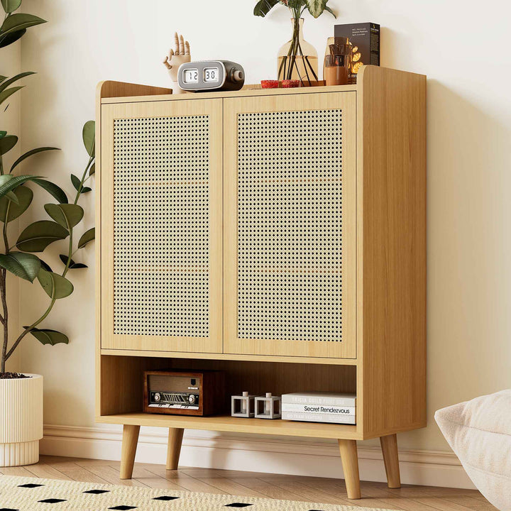00+Natural Rattan Shoe Cabinet With 5-Tier Storage Cupboard For Hallway & Entryway Organiser, Light Oak, CONCRETETRAY