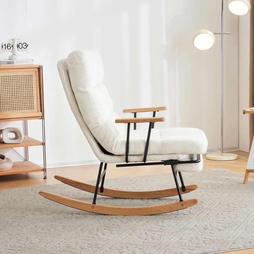 White boucle fabric nursery rocking chair with glider footrest PATINA UK