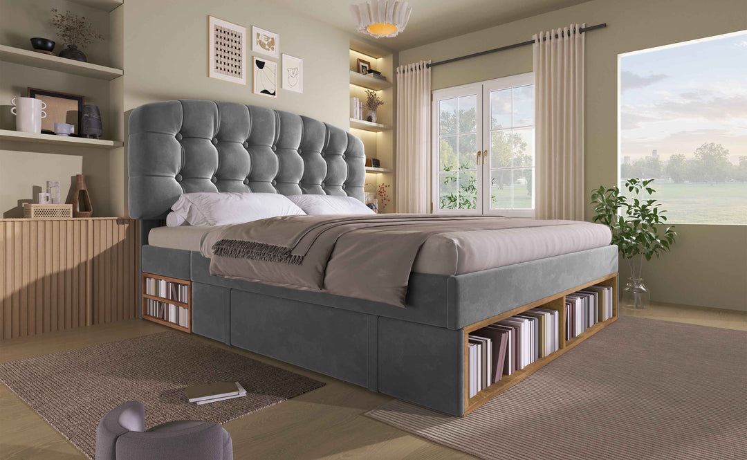 King Size Upholstered Bed Frame with Storage Drawers, Adjustable Velvet Headboard, Grey, 150x200cm, Space-Saving Modern Design for Bedroom