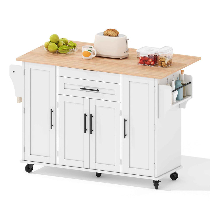 00+Kitchen Island on Wheels, White & Natural MDF, Foldable Tabletop, Adjustable Shelves, Storage Cabinets Rolling Trolley for Dining Room VERTEXZYR