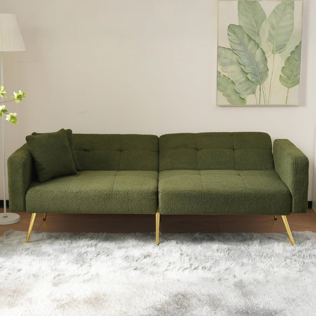 Olive green sherpa 3-seater clic-clac sofa bed, adjustable backrest & side pocket ALDEN GREEN UK