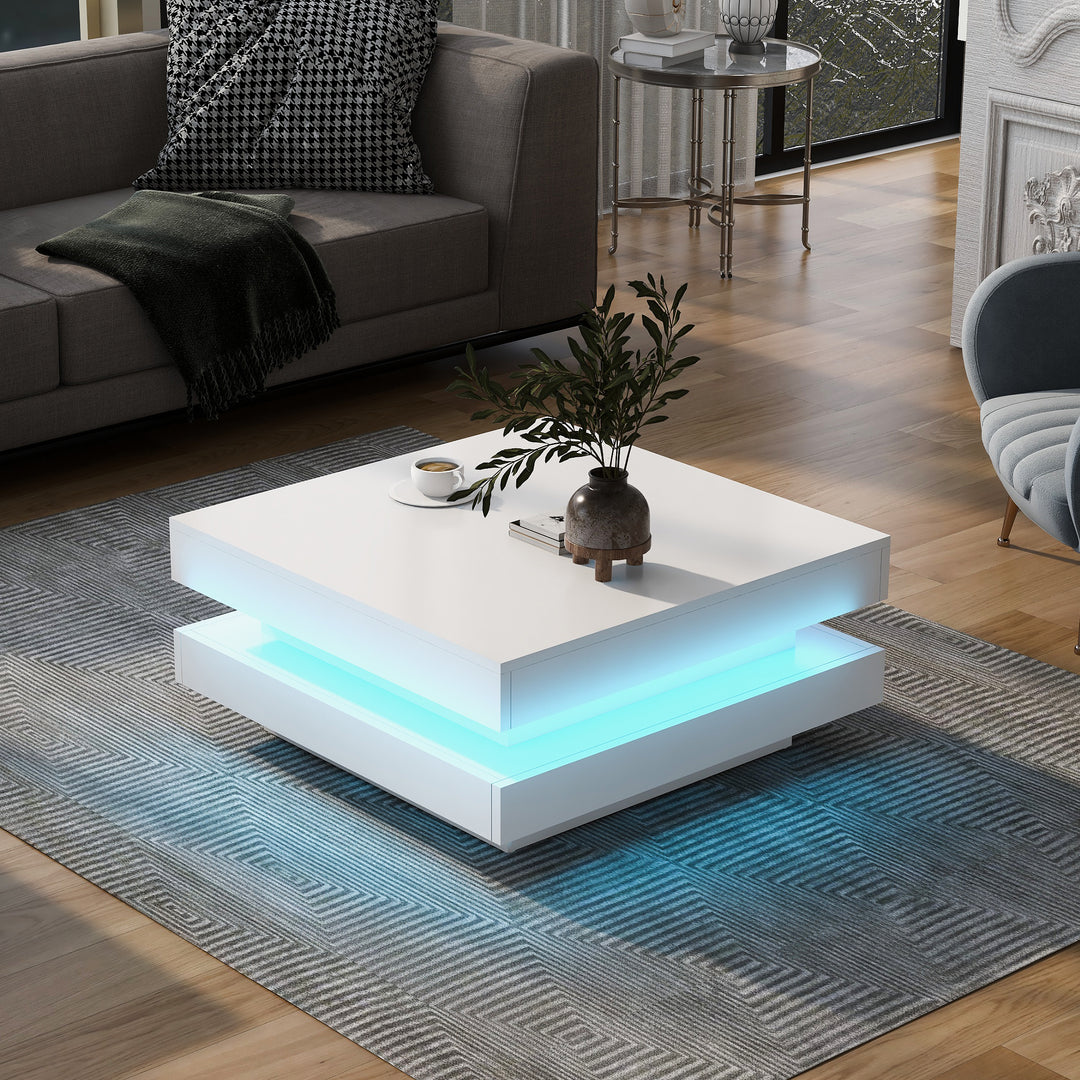 White square high gloss coffee table 360° rotating with 16-color LED light 70x70x36cm UHEX UK