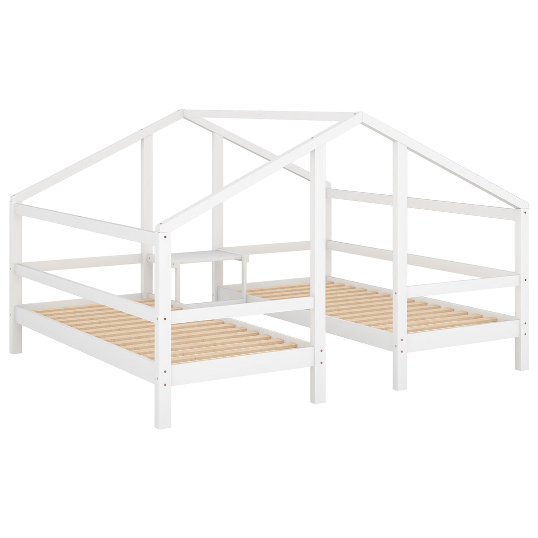 White wooden twin bed, 2 single beds under one roof with slats ZEQRIX UK