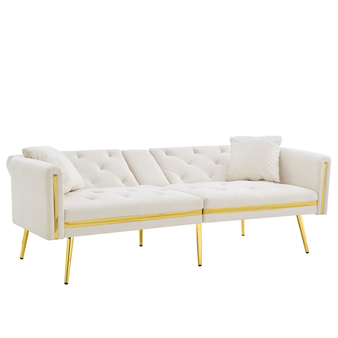 Beige velvet tufted 2-seater sofa bed with gold legs hidden fold-down cup holder COTTONPUFF
