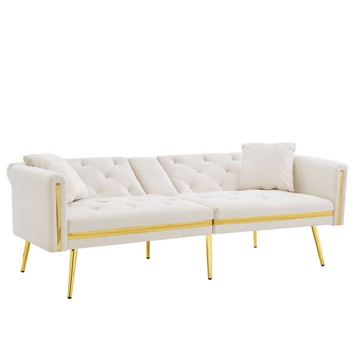 Beige velvet tufted 2-seater sofa bed with gold legs hidden fold-down cup holder COTTONPUFF