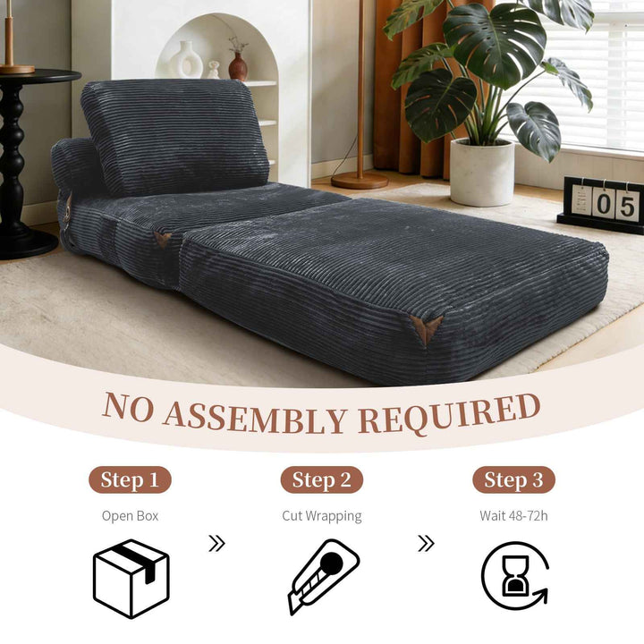 3 in 1 Convertible Corduroy Floor Sofa Bed, Oversized Fold Out Chaise Lounge, Grey, High Density Sponge, Side Pockets, Non-Slip Base, No Assembly, Ideal for Bedroom, Dorm, Gaming, Napping