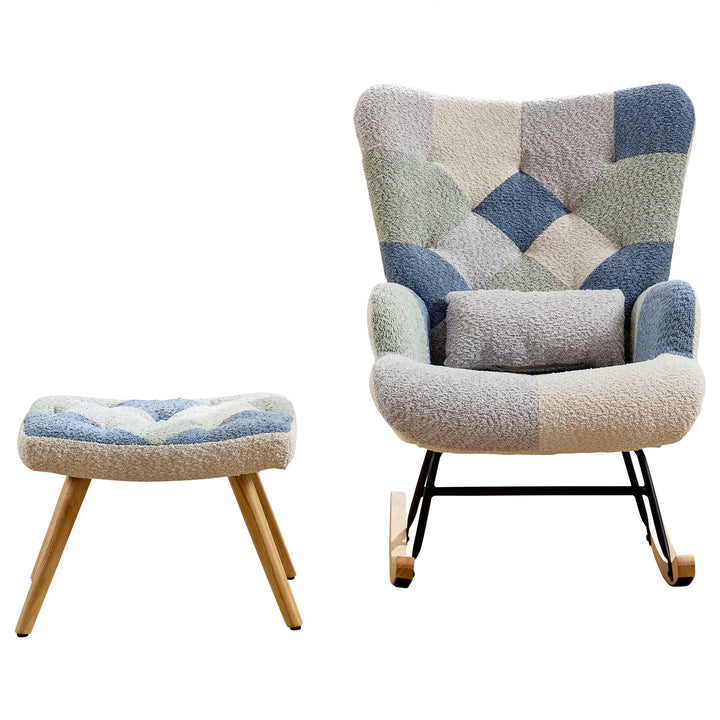 Fabric white blue patchwork rocking chair with solid wood legs and footstool MORASSSLOP