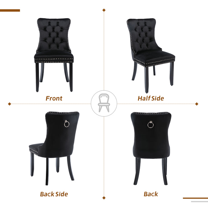 Set of 4 dining chairs velvet black tufted with solid wood legs, nailheads and back chrome ring BREEZEOLOGY