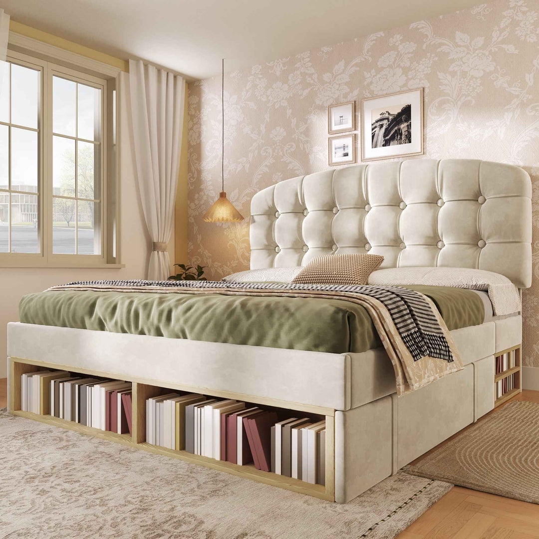 Double Bed Frame with Storage Drawers Velvet Upholstered, 135x190cm, Beige, No Mattress BEDRESIN