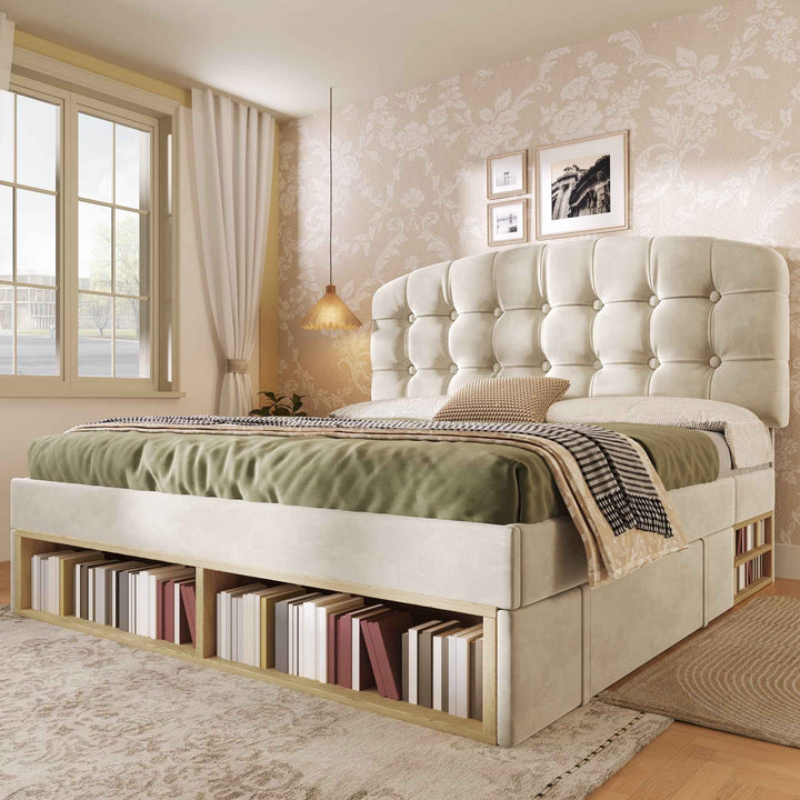 Double Bed Frame with Storage Drawers Velvet Upholstered, 135x190cm, Beige, No Mattress BEDRESIN