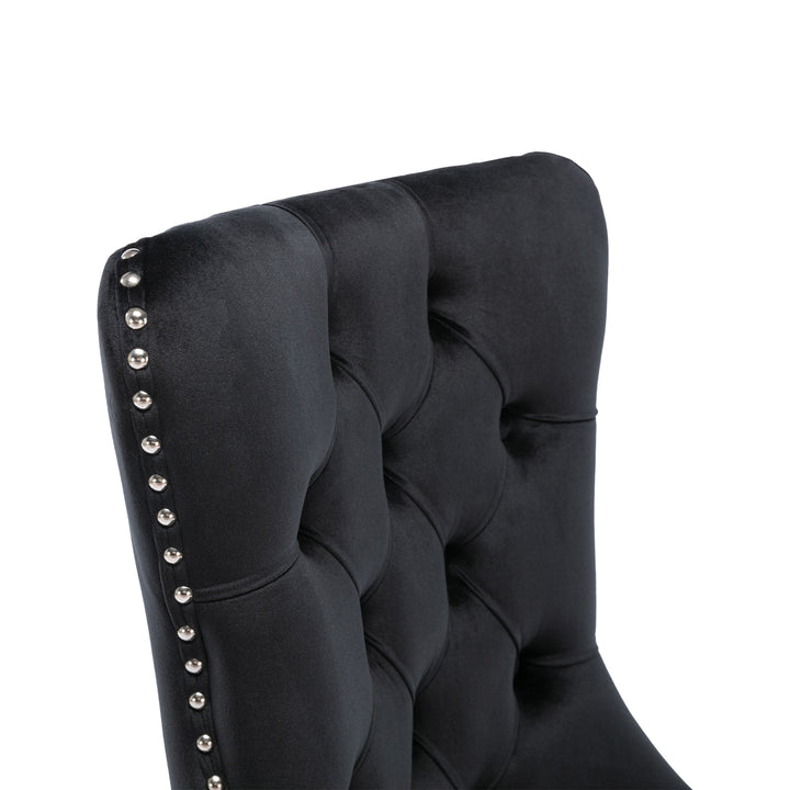 Set of 4 dining chairs velvet black tufted with solid wood legs, nailheads and back chrome ring BREEZEOLOGY