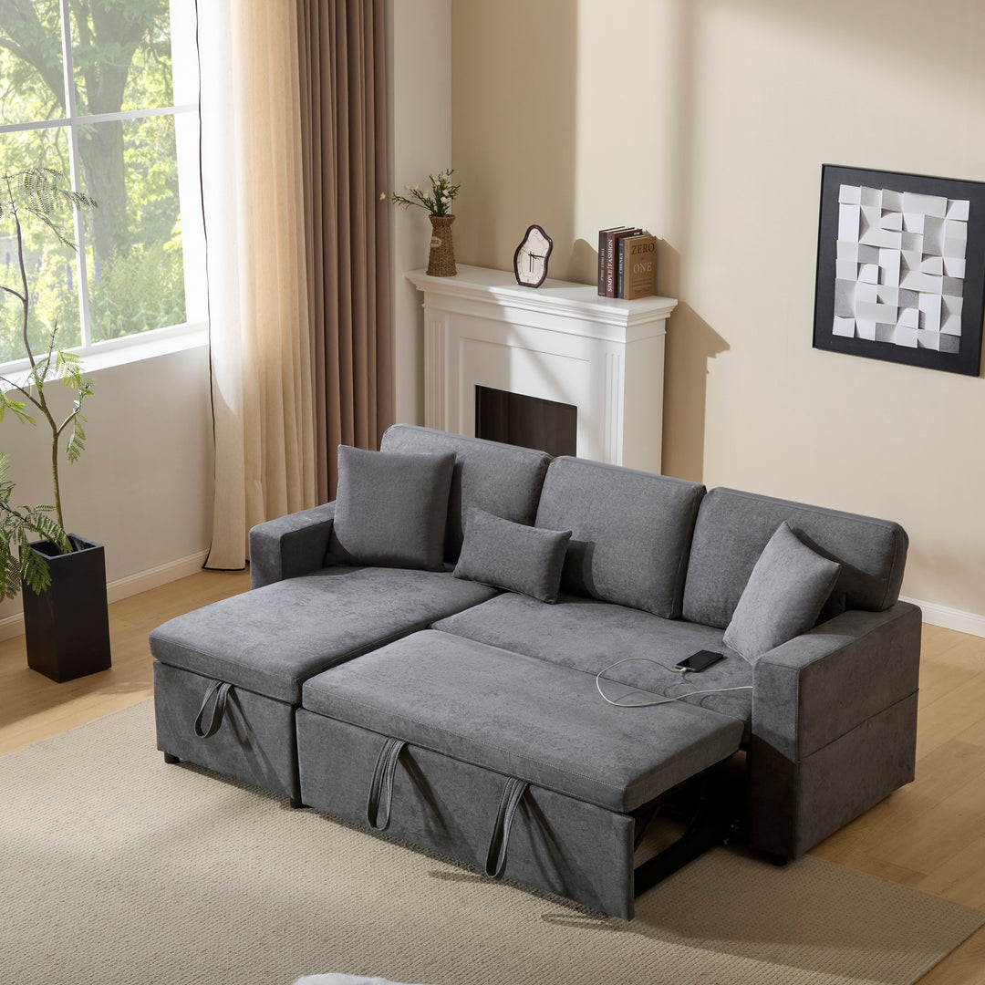 Grey L-shaped corner sofa bed, side shelf with integrated USB and storage VOLATILGAS