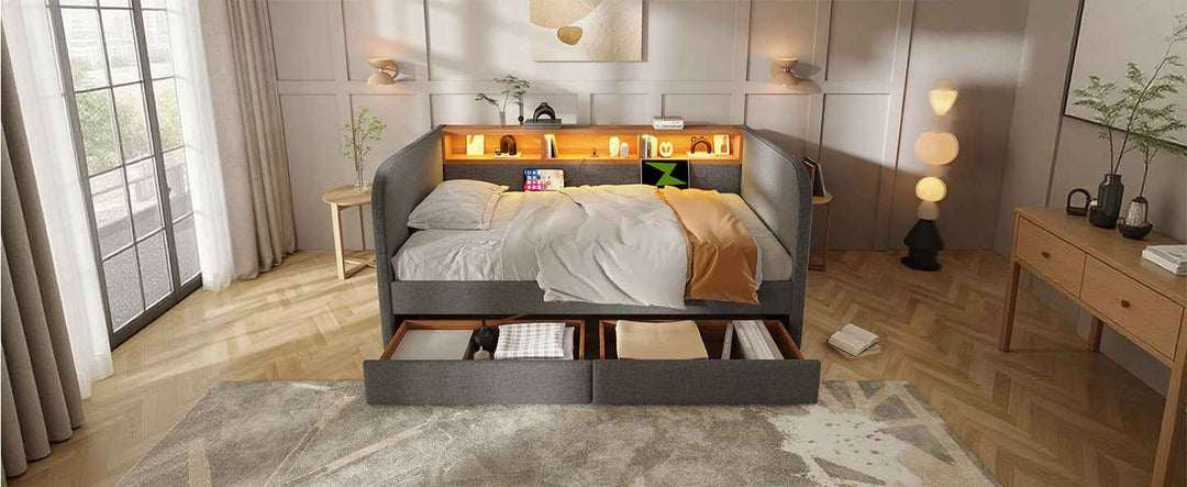 Upholstered Daybed Single 90x190cm Grey Linen with Headboard Storage, LED & USB Type-C, 2 Drawers, Modern Sofa Bed for Bedroom