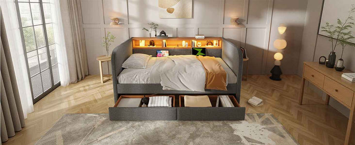 Upholstered Daybed Single 90x190cm Grey Linen with Headboard Storage, LED & USB Type-C, 2 Drawers, Modern Sofa Bed for Bedroom