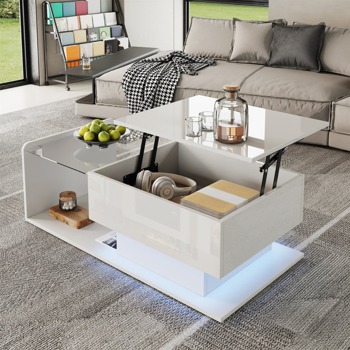 White high-gloss rectangular coffee table and LED lighting with glass top LUNG