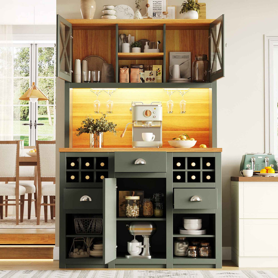 Kitchen hutche green cabinet glass doors LED lighting, wine rack, adjustable shelves