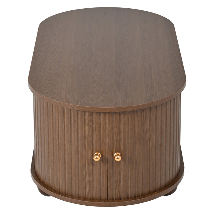 Retro wooden look oval coffee table with 2 sliding storage doors CUNEIFORMWEDGE
