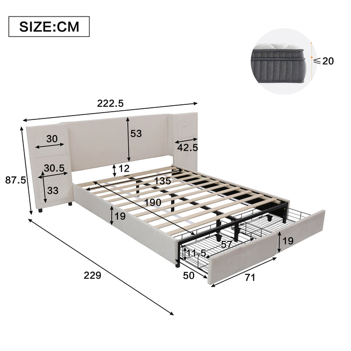 Beige velvet upholstered double bed (135×190cm) 2 drawers and storage pockets PORE