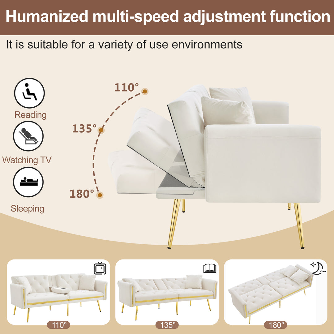 Beige velvet tufted 2-seater sofa bed with gold legs hidden fold-down cup holder COTTONPUFF