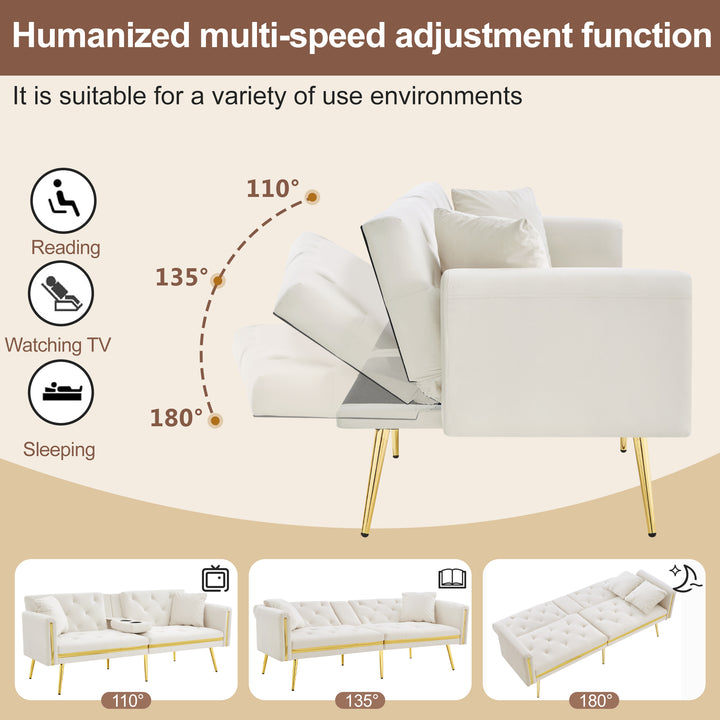 Beige velvet tufted 2-seater sofa bed with gold legs hidden fold-down cup holder COTTONPUFF