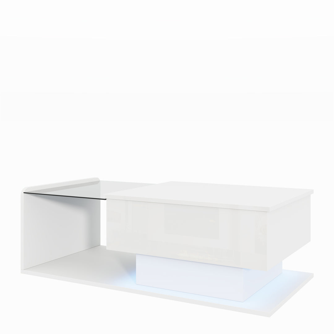 White high-gloss rectangular coffee table and LED lighting with glass top LUNG
