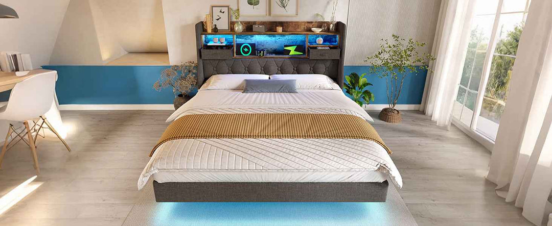 Super King Upholstered Bed 6ft 180x200cm Grey Linen with LED Lighting, USB Type-C Charging, Storage Headboard, Floating Design, No Mattress