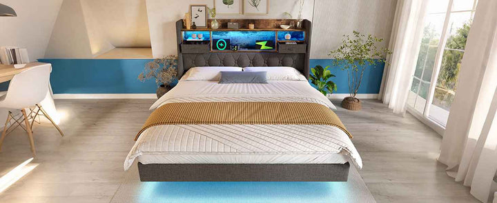Super King Upholstered Bed 6ft 180x200cm Grey Linen with LED Lighting, USB Type-C Charging, Storage Headboard, Floating Design, No Mattress