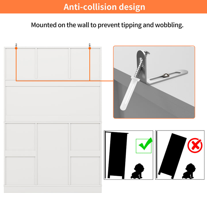White tall farmhouse kitchen hutch cabinet with wine rack and glass holders VIGOURUS