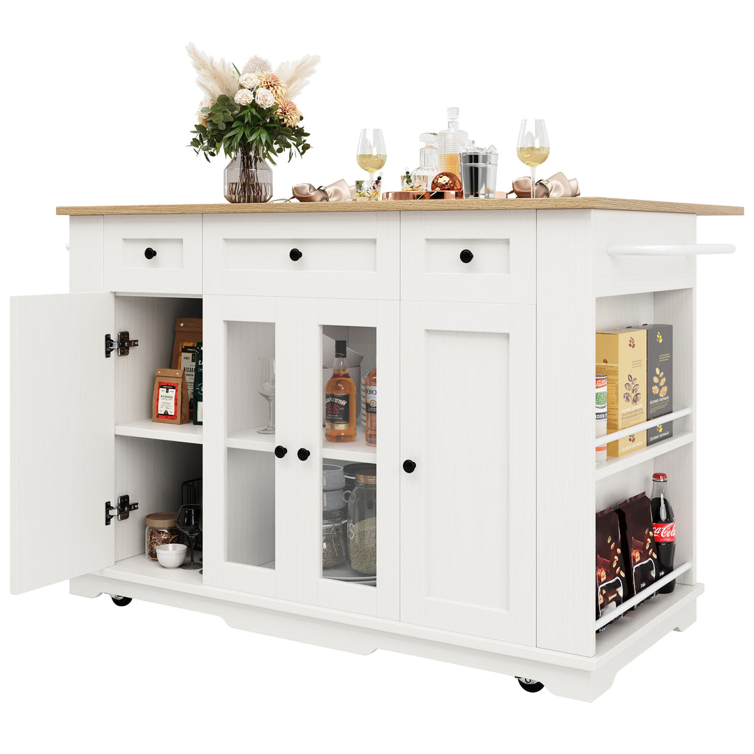 White kitchen Island trolley wood-grain look, tempered glass cabinet BEEGLUE