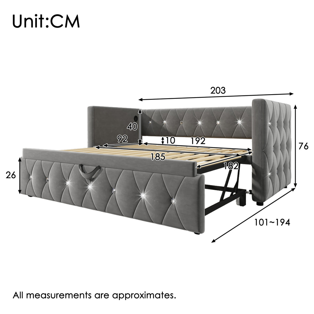 Grey velvet single upholstered guest day bed diamond design with trundle, USB charging STEKZEL GREY UK