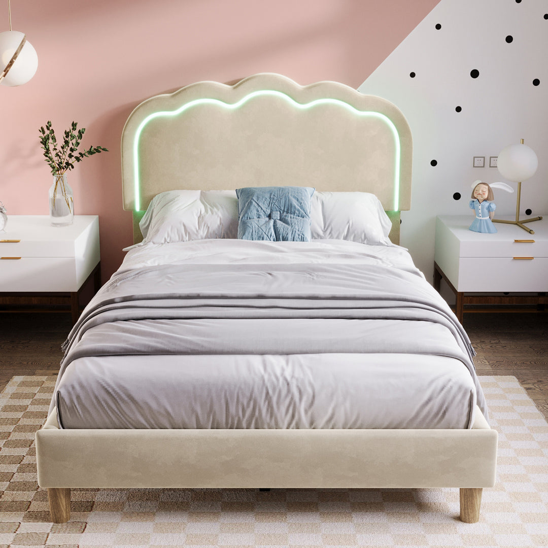 Beige velvet upholstered divan bed frame with LED, headboard height adjustable INDROX BEIGE UK