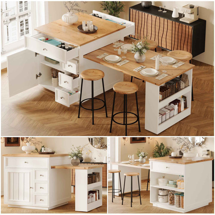 Kitchen Island with Extendable Tabletop (120-184cm), Drawers & Lockable Casters, MDF Wood-Look, White/Black – Mobile Counter for Kitchen, Dining & Bar