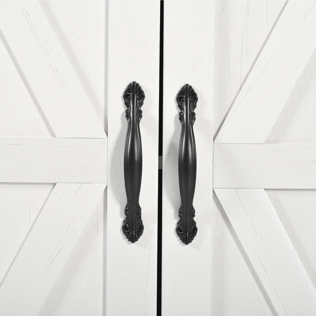 White farmhouse style rolling kitchen island with fold-out top and racks SALTMARSH