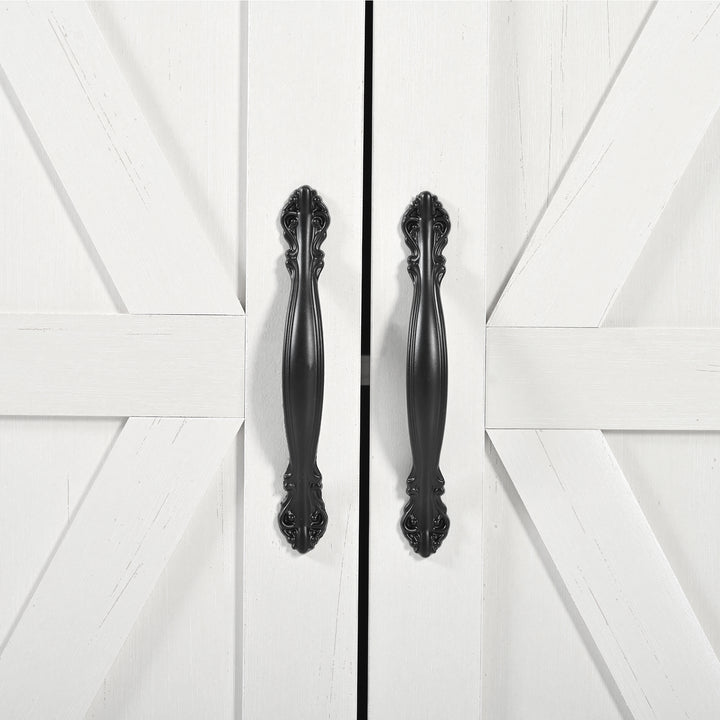 White farmhouse style rolling kitchen island with fold-out top and racks SALTMARSH