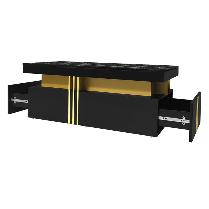 Modern black coffee table with marble-pattern top golden accents LEDGER