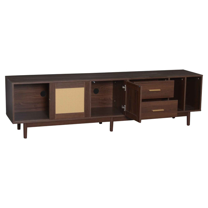 TV stand dark wood vintage look with rattan sliding doors & 2 drawers  INFINITERIF