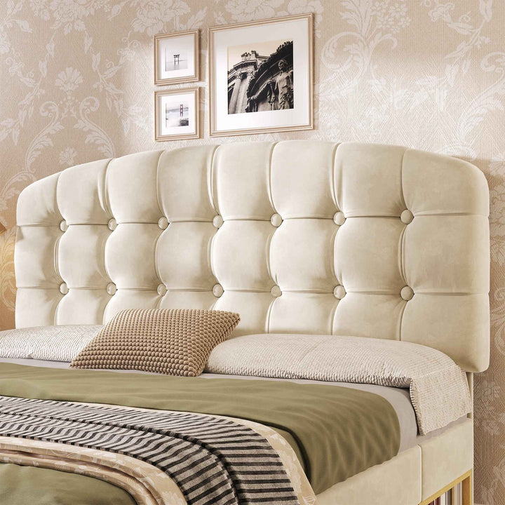 Double Bed Frame with Storage Drawers Velvet Upholstered, 135x190cm, Beige, No Mattress BEDRESIN