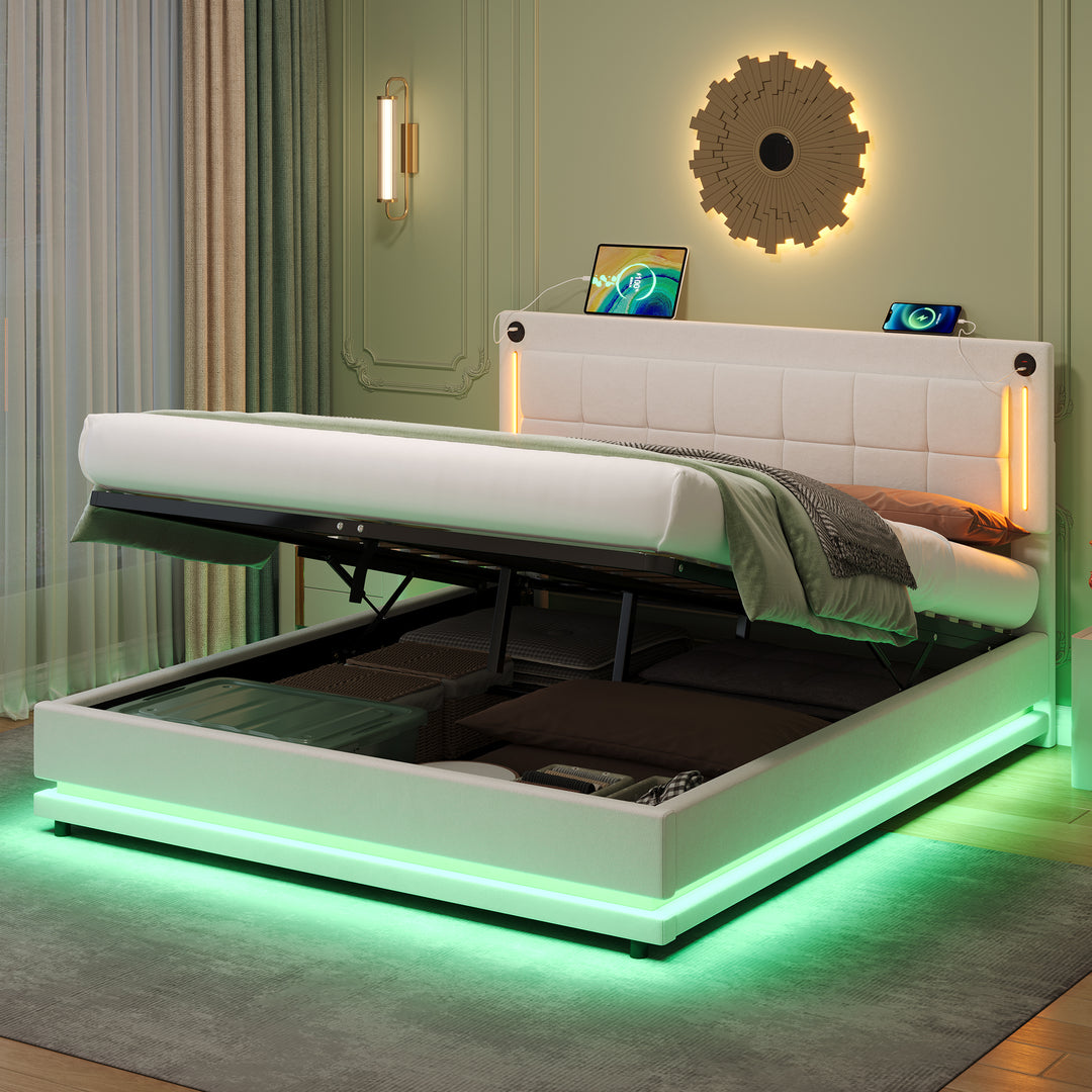 Beige velvet king ottoman end opening bed with LED lighting and charging station (150*200cm) DUSKHAVEN