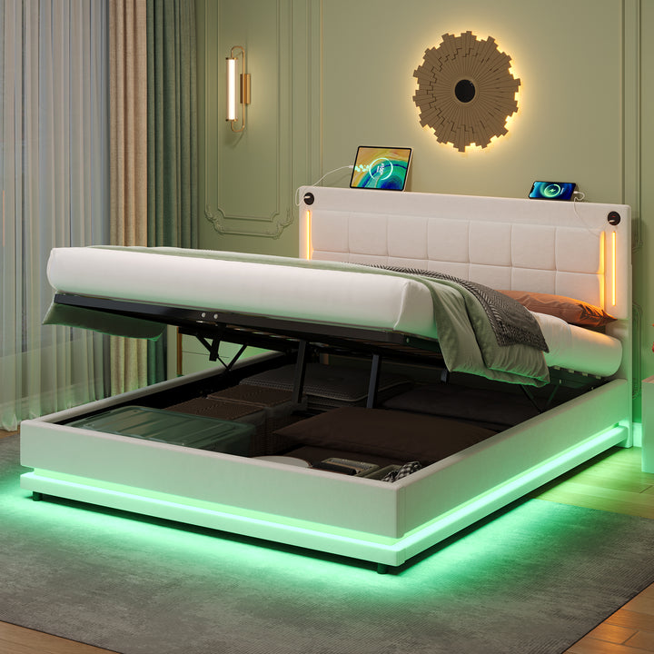 Beige velvet king ottoman end opening bed with LED lighting and charging station (150*200cm) DUSKHAVEN