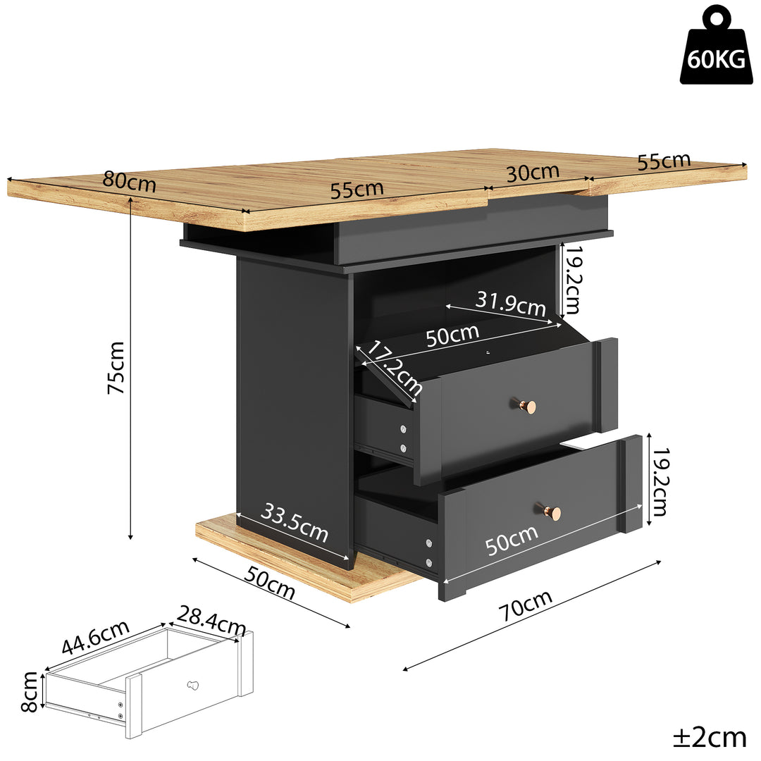 Extendable wooden dining table (110-140×80 cm) black shlef and 2 drawers SUNSPOT