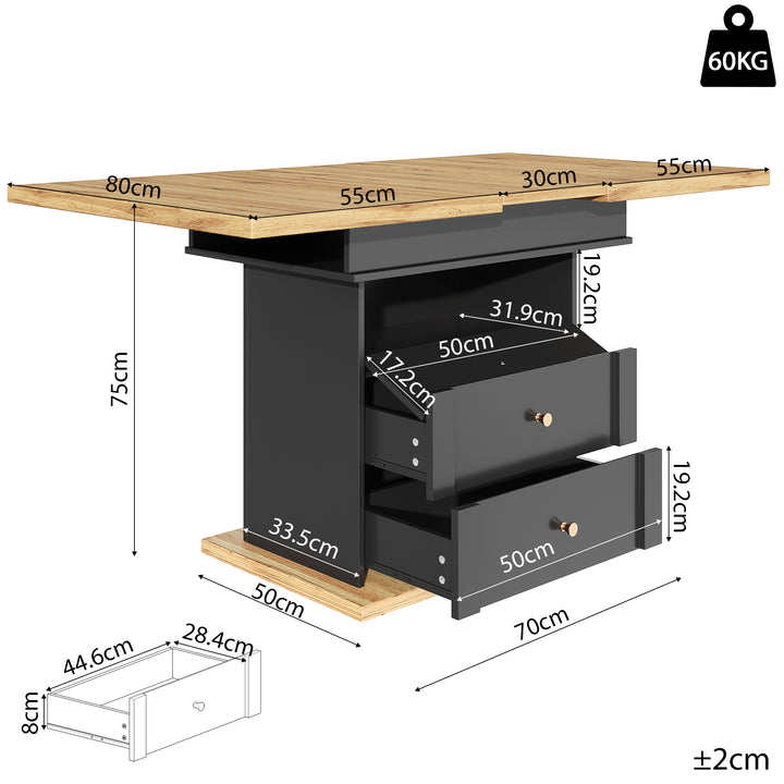Extendable wooden dining table (110-140×80 cm) black shlef and 2 drawers SUNSPOT