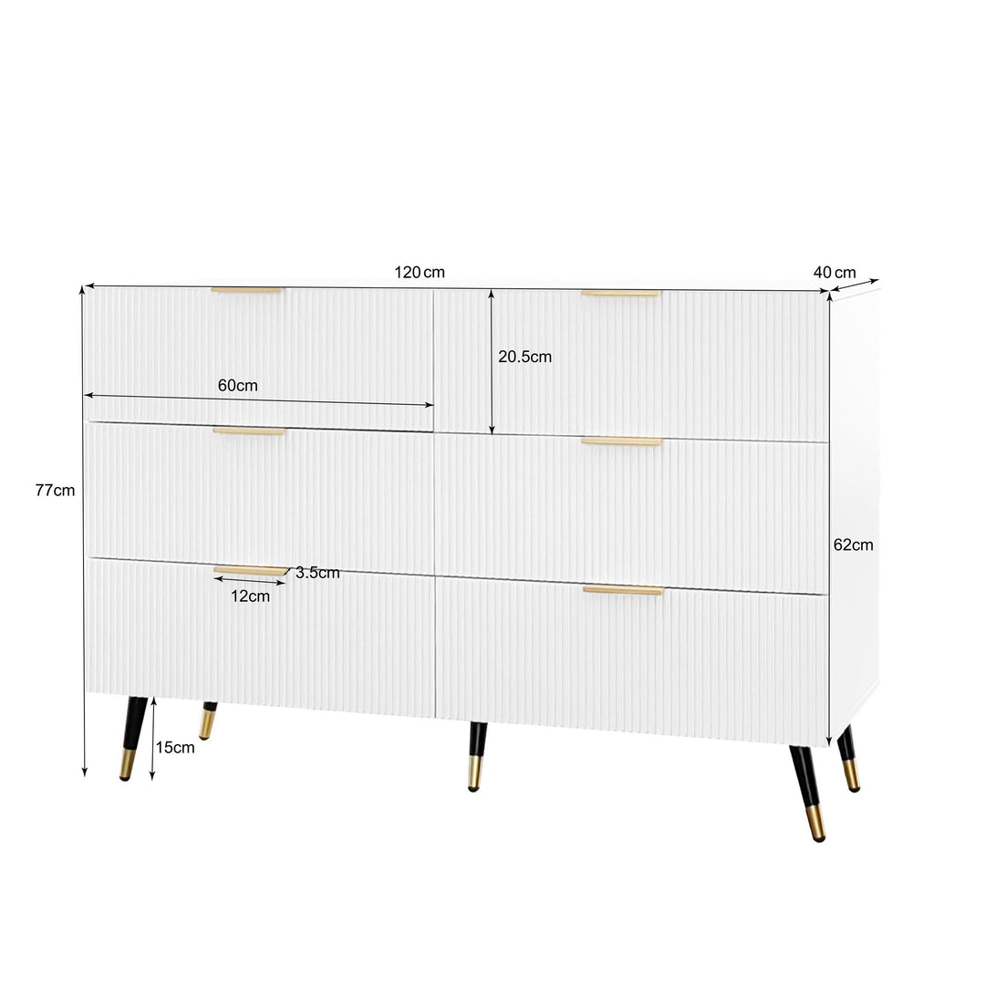 White and gold particle board storage sideboard with 6 drawers FERNGLADE UK